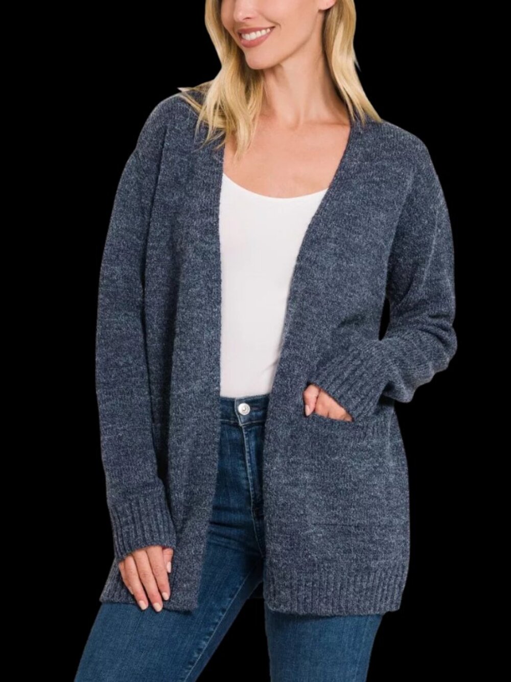 Zenana Open Front Sweater Cardigan - Midnight